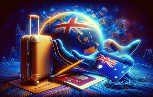 A digital art image of a globe with a focus on Australia and the United Kingdom. A suitcase and a passport are nearby, symbolizing travel, adventure,